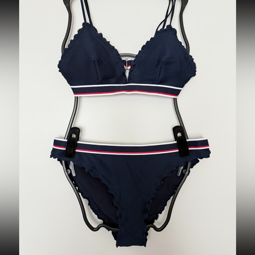 H&M Black Scalloped Bikini with Striped Band